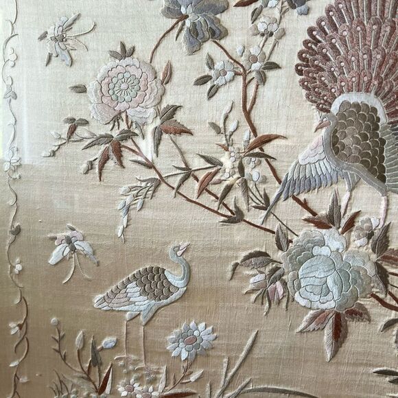 Antique Chinese Silk Bird Floral Flower Wood Frame  Embroidery - Picture 6 of 8